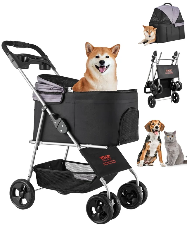 VEVOR Pet Stroller, 35 lbs Weight Capacity, Foldable Dog Stroller Cart, 4 Wheels Cats Pram with Detachable Carrier & Mesh Windows, Portable Animal Carrier with Brake for Small to Medium Pets