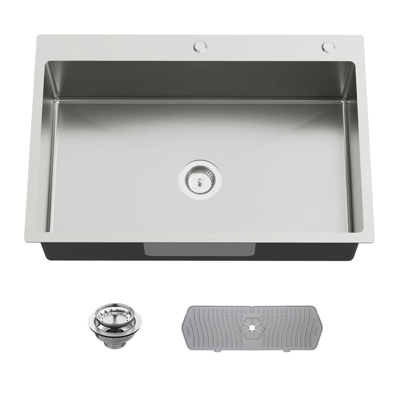 Kitchen Sink, 33x22 Inch Stainless Steel Drop in Modern Single Bowl Topmount Kitchen Sink Combo-Silicon Mat,Drain Strainer Set Offering Large Basin and Compatibility with Various Kitchen&Bar Style