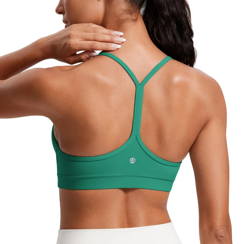 CRZ YOGA Women's Butterluxe Padded Sports Bra - Low Impact Y Back Strappy Bra Racerback Spaghetti Straps Gym Yoga Bras Cascadia Green M