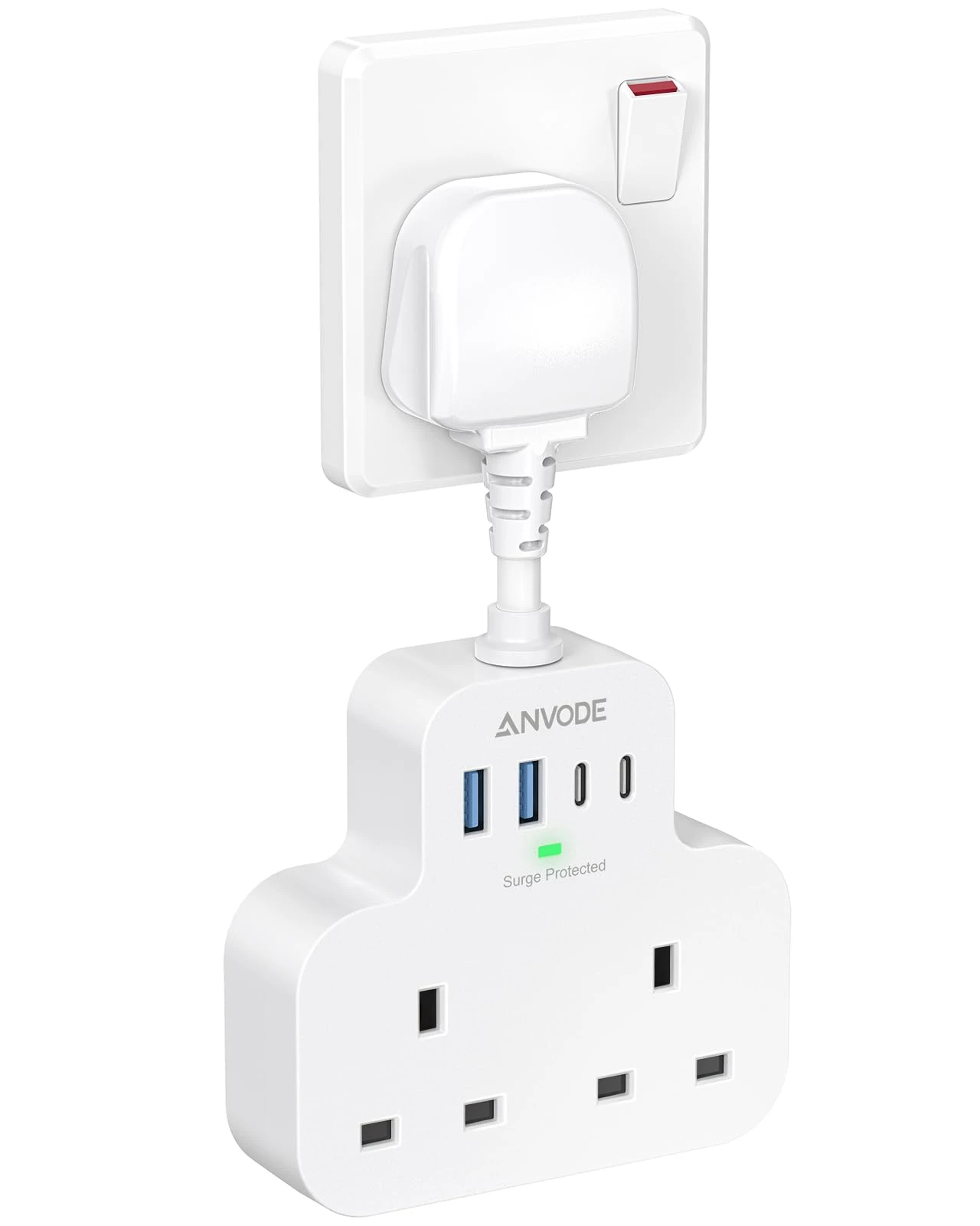 Multi Plug Extension Socket with 4 USB Ports, ANVODE 2 Way Plug Adaptor with Flexible Cable, Short Extension Lead Double Adapter Plug UK for Bedroom, Office, Kitchen. White
