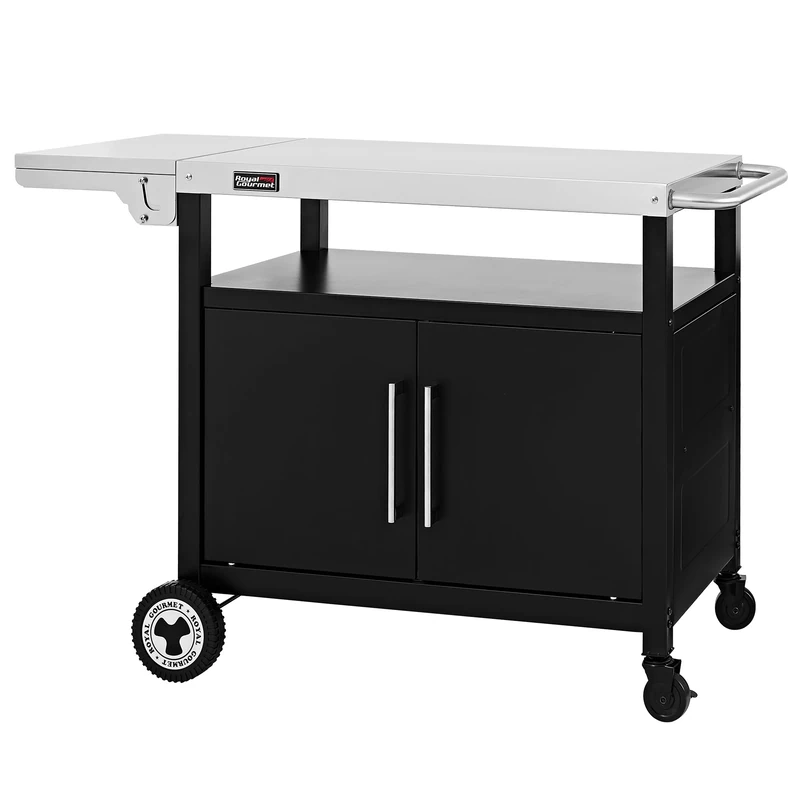 Royal Gourmet Barbecue Trolley with Folding Side Table Grill Table with Towel Handle, Base Cabinet, Grill Trolley with Stainless Steel Table Top, Serving Trolley with Wheels