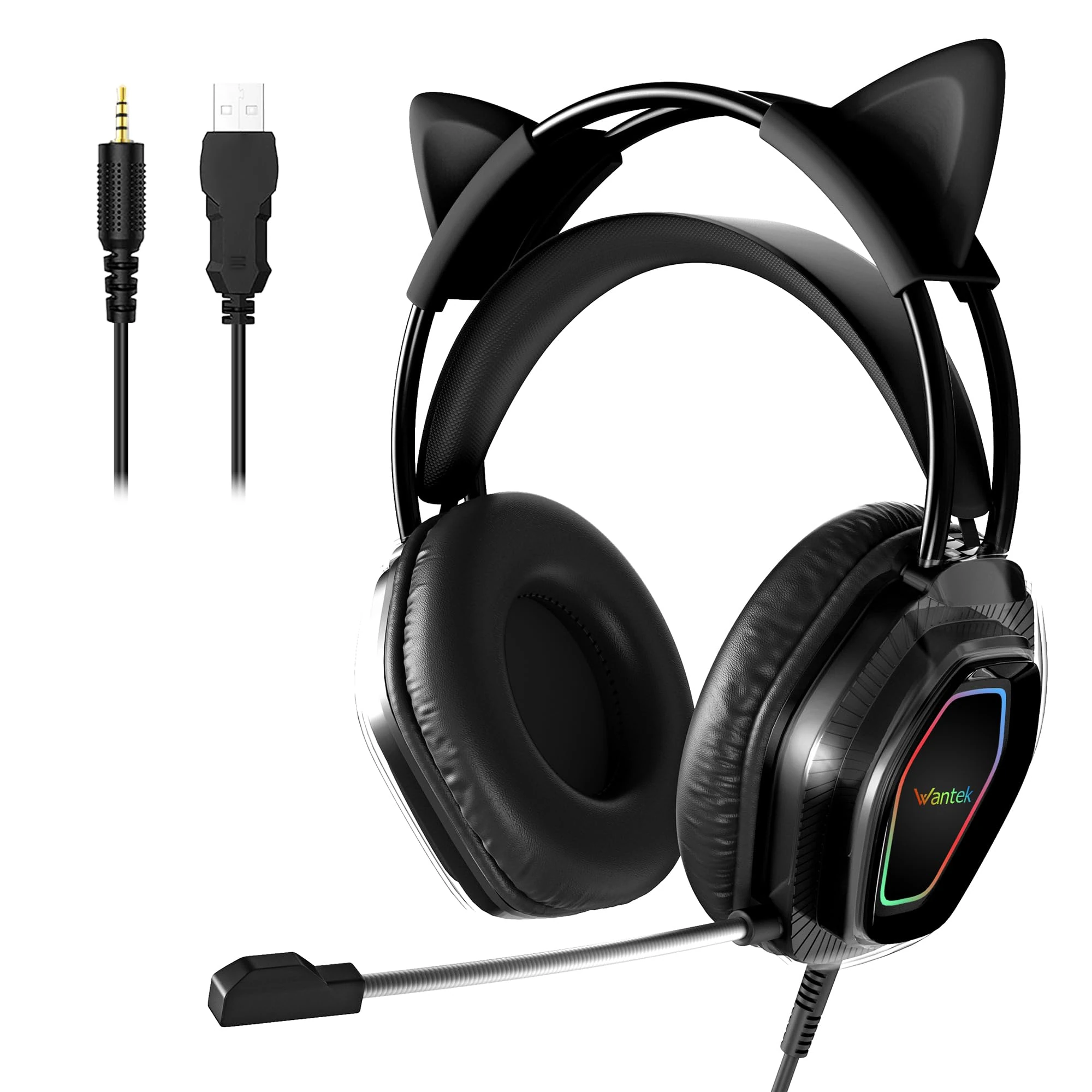 Wantek Cute Cat-Ear Gaming Headset - 50mm Drivers, Noise-Cancelling Mic, 3.5mm Wired Stylish & Lightweight Design for Xbox Ps4&5 (Black)