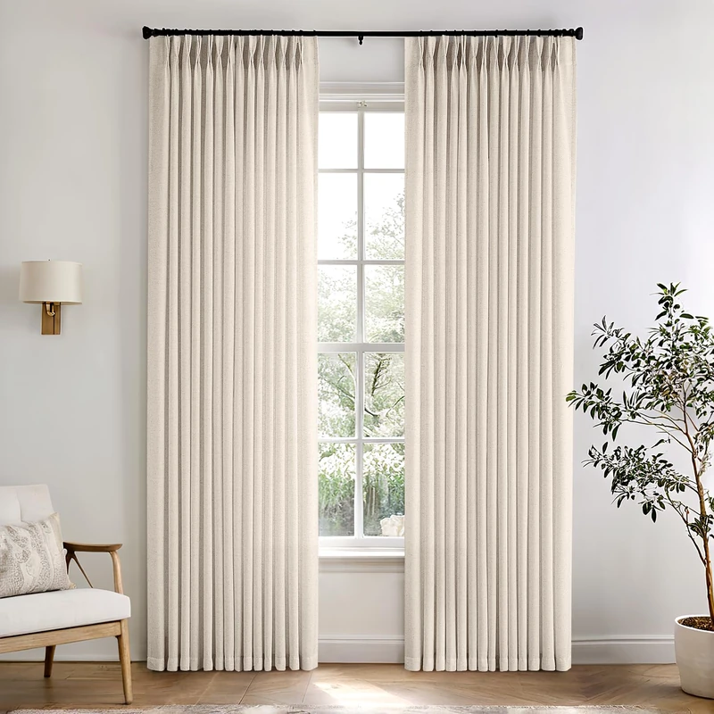 Birch Pinch Pleated Linen Curtains 90 Inch Length 2 Panels Boho Farmhouse Pleated Drapes with Rings and Hooks Back Tab Semi Sheer Curtains for Living Room Bedroom