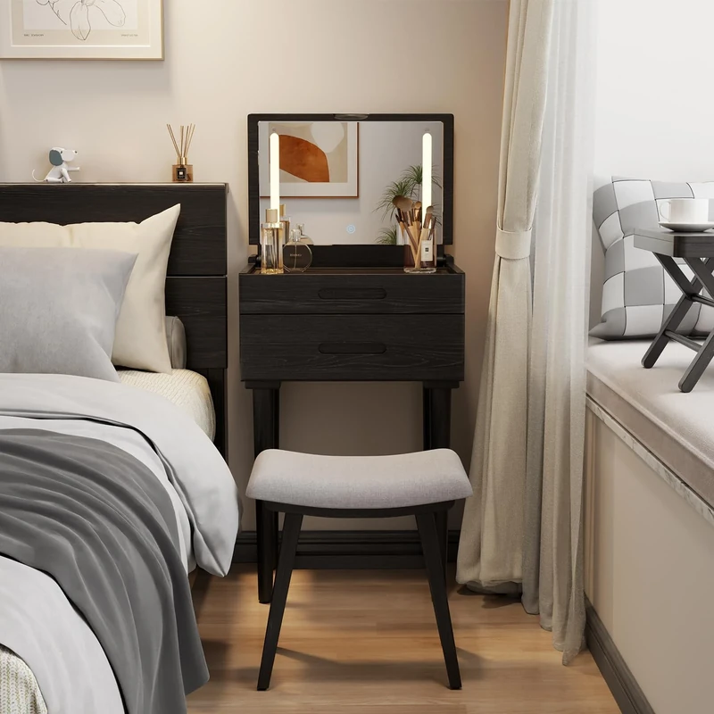 Muwuele Solid Wood Small Vanity Desk with Flip Top Mirror, Brightness Adjustable Lights, Compact Vanity with Glass Top and Drawers, Slim Dressing Table for Small Space, Bedroom, Living Room, Black - Image 1