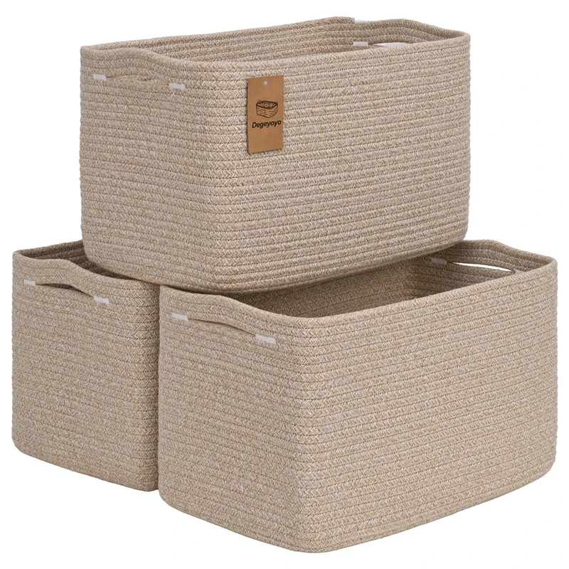 Degeyoyo Baskets for Organizing,Storage Baskets,3 Pack Baskets for Shelfves,15"×10"×9" Woven Brown Basket,toy storage bins,bins for organization