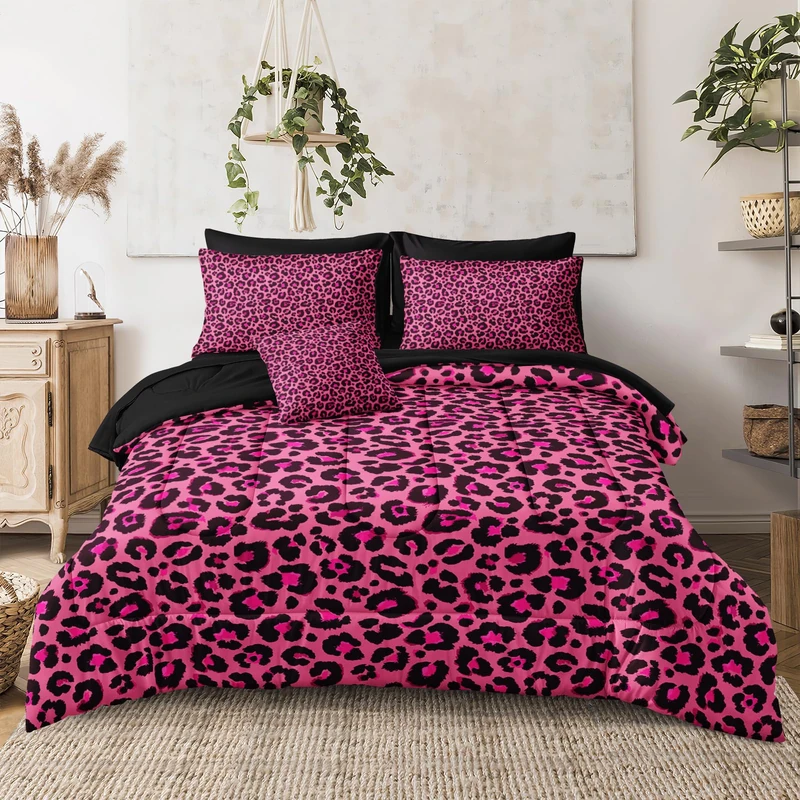 Leopard Print Comforter Queen Black and Pink Bedding Sets 8 Pcs Hot Pink Cheetah Animal Print Texture Wild Leopard Bed in A Bag with Comforter and Sheet Set