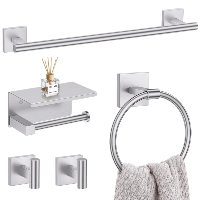 5-Piece Brushed Nickel Bathroom Hardware Set, SUS304 Stainless Steel Bathroom Accessories Set 23.6 inches Towel Bar, Toilet Paper Holder with Shelf, Towel Ring and Two Towel Hooks Wall-Mounted