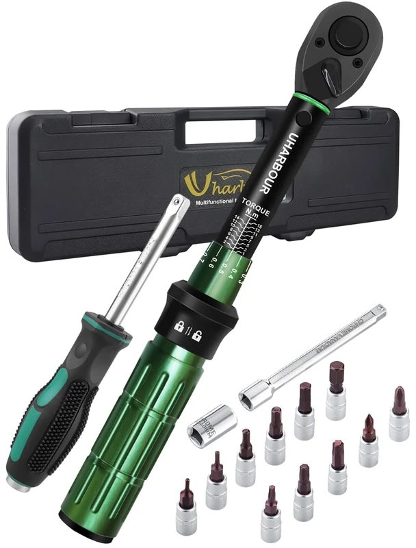 Uharbour 1-15 Nm Torque Wrench Set for Bicycles, 1/4 Torque Wrench, Bicycle Torque Wrench Set with Bits, Screwdriver Handle and Extension Rod for Bike, ±3% Error Accuracy