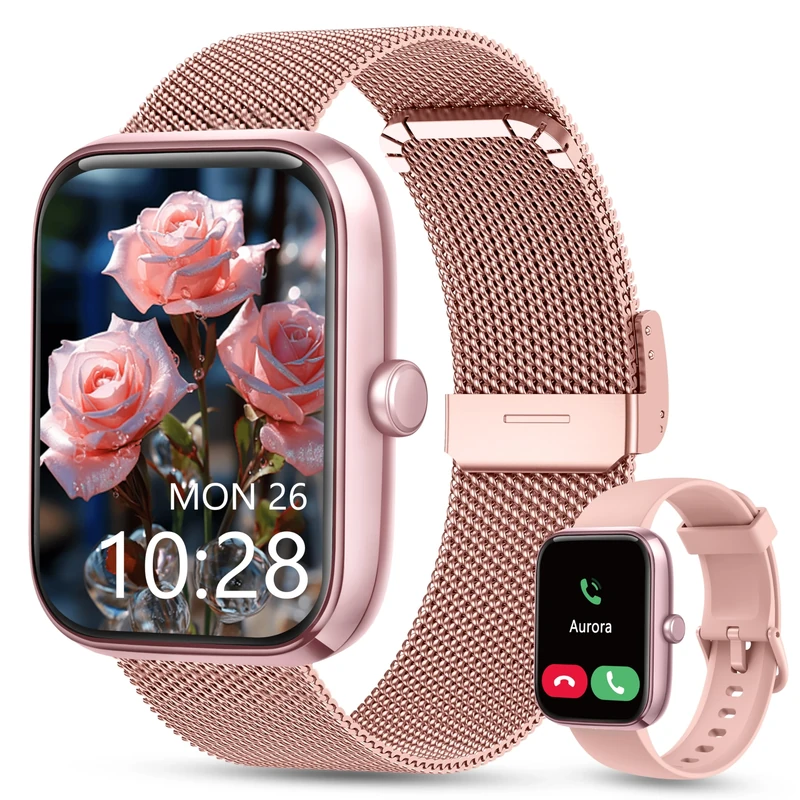 KALINCO Smart Watch Women [2 Bands, 44mm case] Alexa Fitness Tracker, Heart Rate, Sleep, Stress & SpO2 Monitor, IP68 Waterproof Smartwatch, Make/Answer Calls, Compatible with iPhone & Android Phones