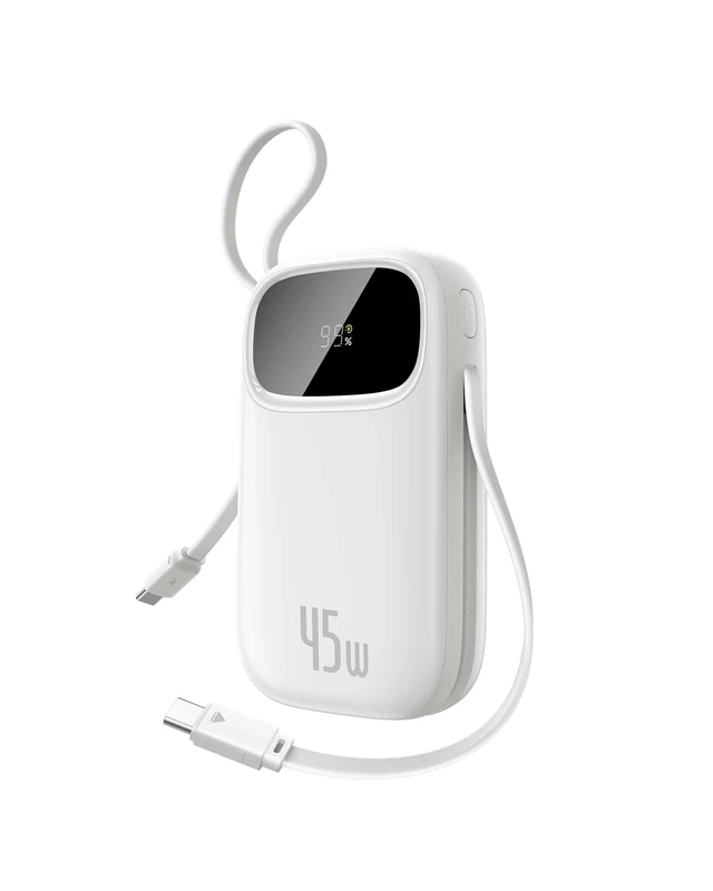 Baseus QPow3 Powerbank 45 W 20000 mAh with 2 Integrated USB-C Cable, Power Bank PD3.0 QC4.0, 3 3C 1 A, External Mobile Phone Batteries for iPhone 16/15/14 Pro Max, iPad, Samsung, White