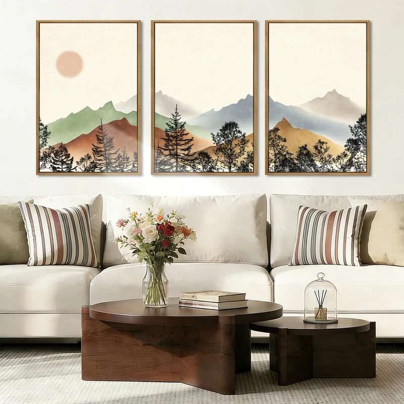 BINCUE Large Boho Mountain Canvas Wall Art Set of 3 24x36 Inches