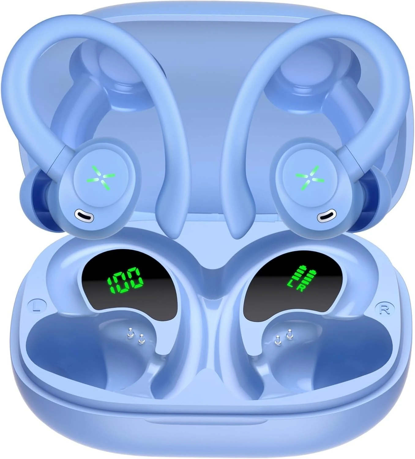 Wireless Earbuds, Bluetooth 5.4 Headphones Sport with Deep Bass Stereo, 40H Playtime Earphones with 4 ENC Noise Cancelling Mic, Bluetooth Earbuds IP7 Waterproof, LED Display for Running, Light Blue