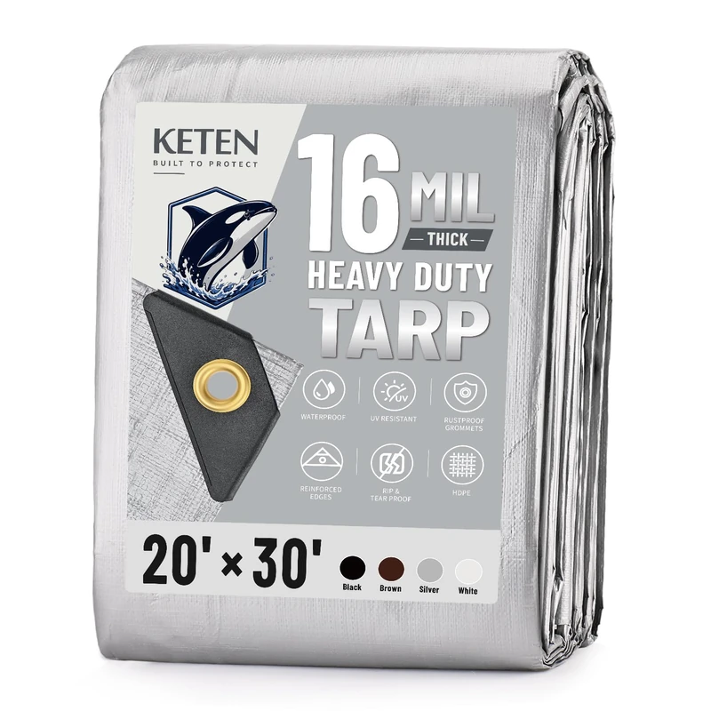 Keten Tarps Heavy Duty Waterproof 20X30 Feet, Extra Thick 16 Mil, Tear & Fade Resistant, 100% UV Blocking, Outdoor Tarp with Reinforced Grommets for Roof, Camping, Patio, Pool, Boat(Silver/Black)