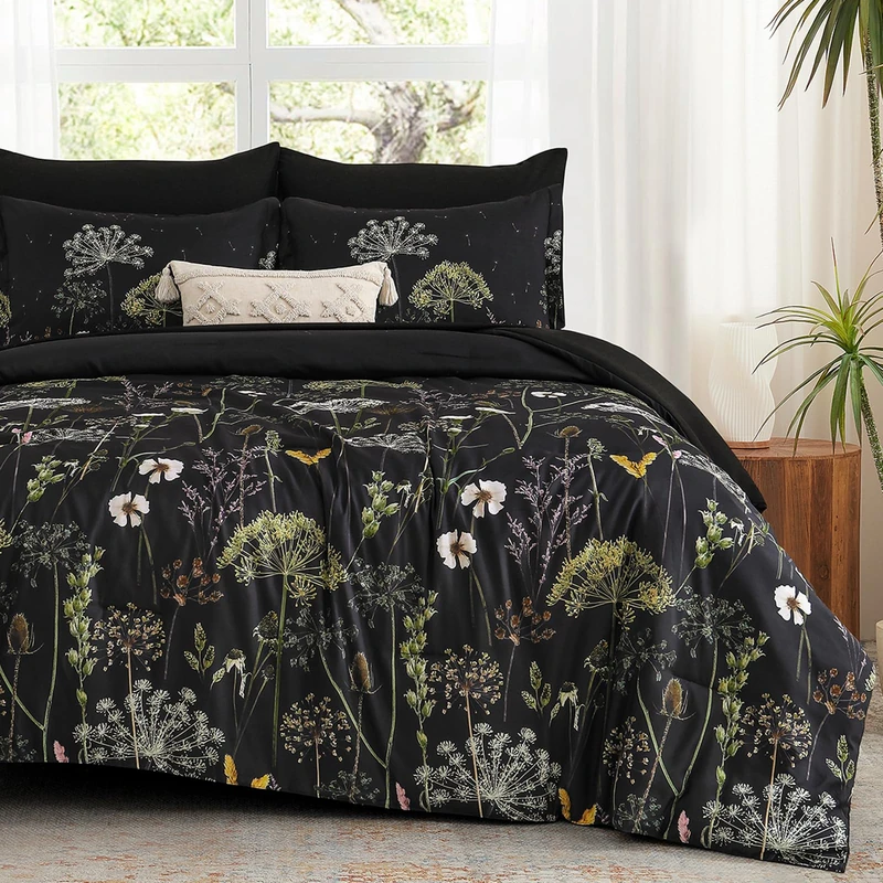 Yiran Black California King Comforter Set, 7 Piece Dandelion Botanical Comforter Bedding Set, Spring Bed in a Bag, Soft Microfiber Complete Bedding Set with Sheets for All Season