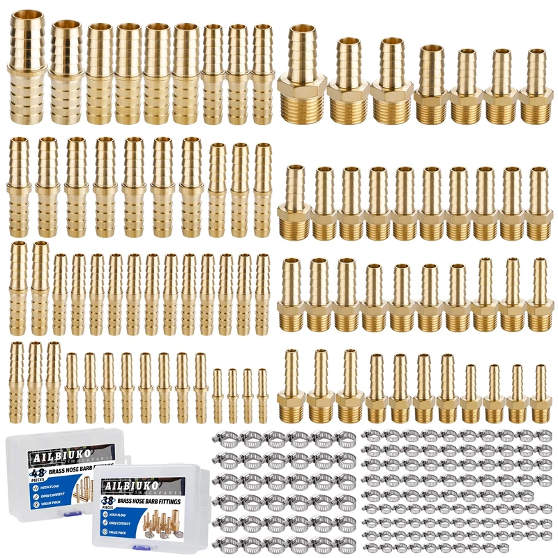 Ailbiuko 86PCS Brass Hose Barb Fittings,Barb Splicer Mender 1/8" 3/16" 1/4" 5/16" 3/8" 1/2" 5/8" 3/4" and Male Thread Adapter 3/8" Barbed to 1/4" NPT with 134Pcs Pipe Hose Clamps