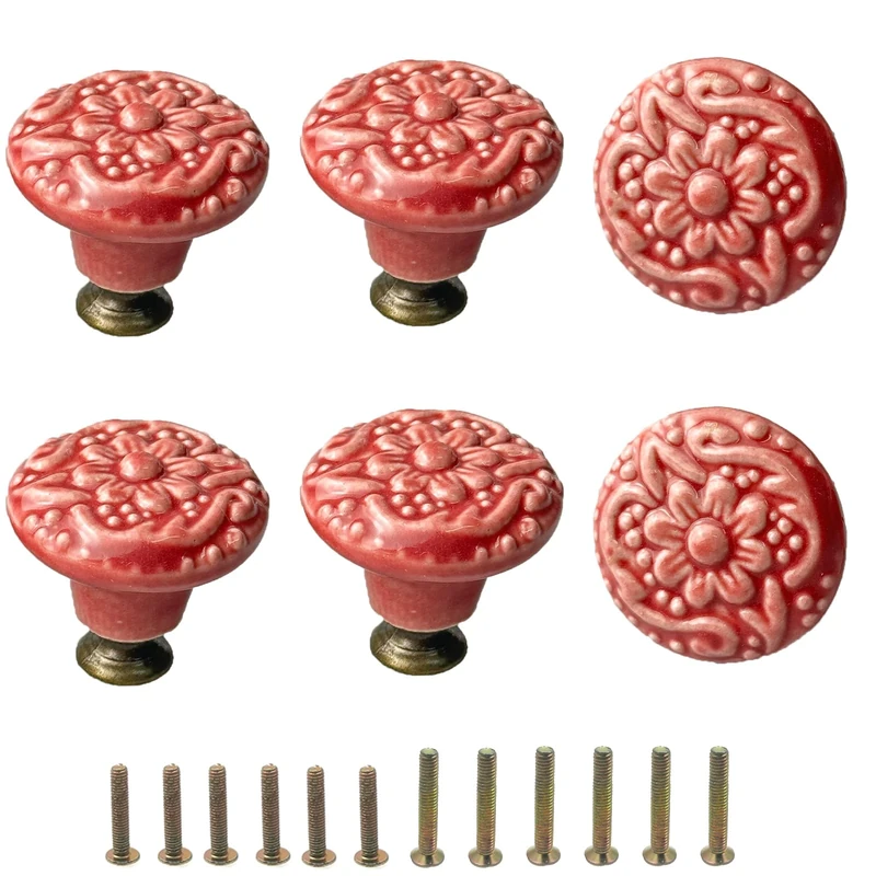 Mimhooy 6Pcs Ceramic Drawer Knobs Vintage Cabinet Pulls, Retro Decorative Flower Dresser Knobs for Cupboards & Draws Garnet Red, Furniture Pull Handles