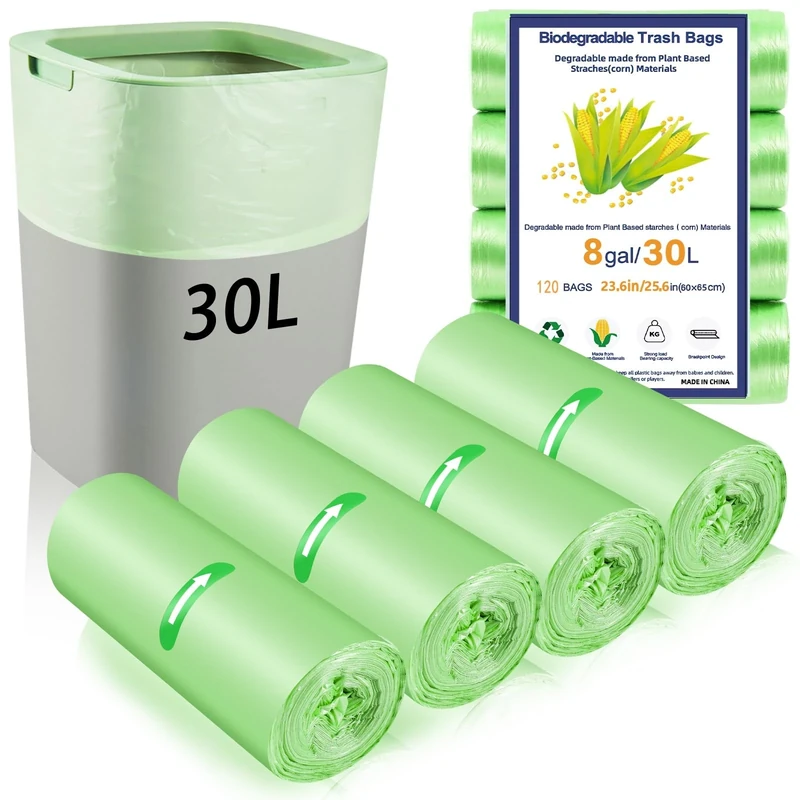 120 x 30 Liter Bin Bags, 23.6 * 25.6 in/8 Gallon Food Waste Bag 5 Roll Kitchen Bin Liners Food Caddy Bag Caddy Bin Liners for for Office Bathroom Kitchen Garbage Bin(Green)