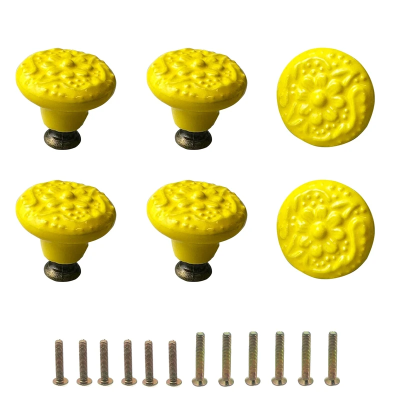 Mimhooy 6Pcs Ceramic Drawer Knobs Vintage Cabinet Pulls, Retro Decorative Flower Dresser Knobs for Cupboards & Draws Golden Yellow, Furniture Pull Handles