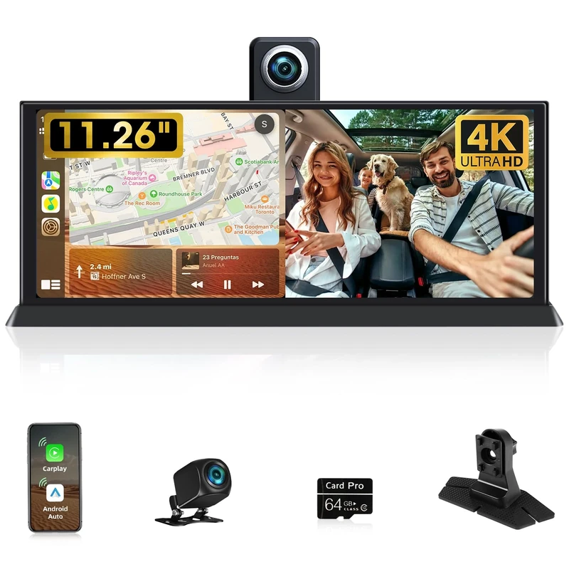 Limited Time 11.26 inch Largest Car Play Screen 350° Rotatable Front Lens Wireless Apple Carplay & Android Auto Carplay Screen for Car Stereo 4K Dash Cam Dual Camera GPS Navigation/Voice Control