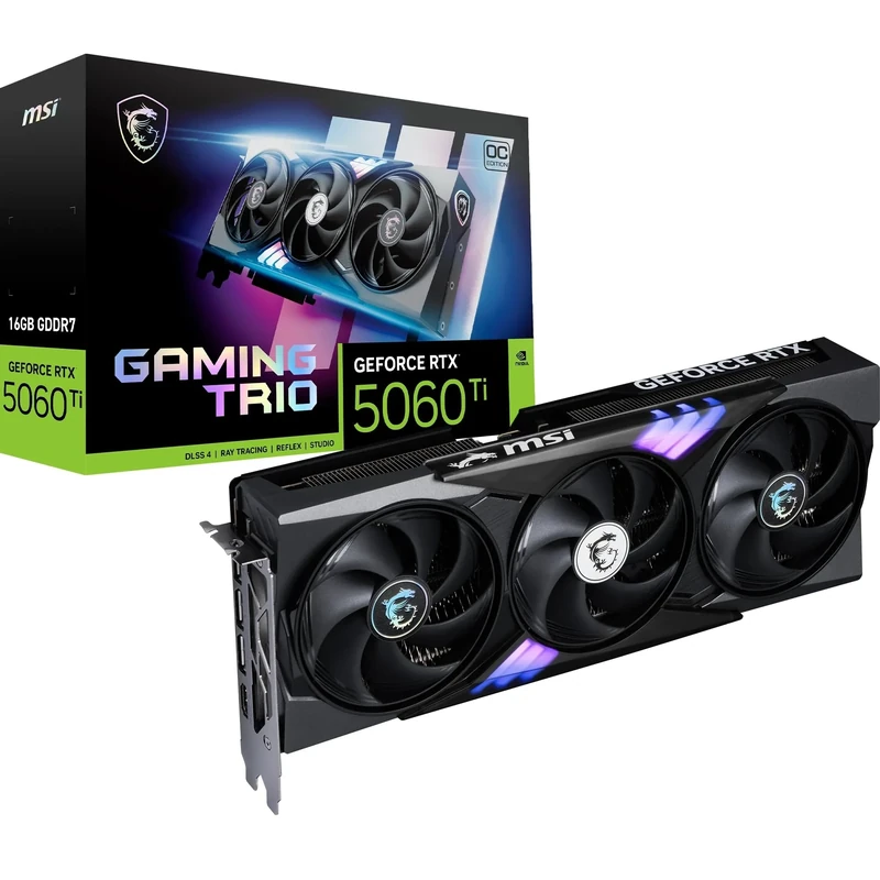 MSI GeForce RTX 5060 Ti 16G GAMING TRIO OC Graphics Card - RTX 5060 Ti GPU, 16GB GDDR7 (28Gbps/128-bit), PCIe 5.0 - TRI FROZR 4 (3 x STORMFORCE FAN) - RGB - HDMI 2.1b, DisplayPort 2.1b