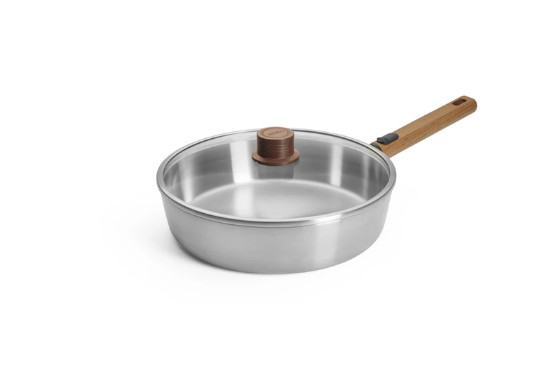 WOLL Logic Steel High Rim Frying Pan Diameter 28 cm Height 7 cm Stainless Steel Induction PFAS-Free Non-Stick Pan with Sustainable & Removable Wooden Handle for All Hobs