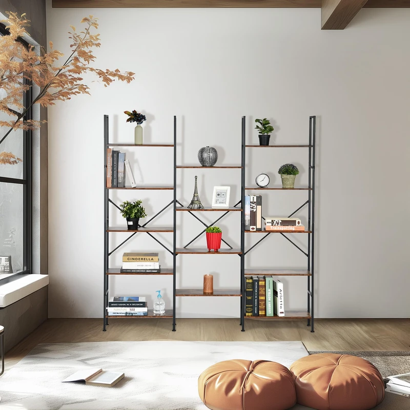FurnitureR Bookcase, Display Stand and Storage Unit with 14 Shelves, Wooden Panels and Metal Frame, for Living Room, Bedroom, Home Office, Brown and Black, 152 x 24 x 166 cm - Image 1