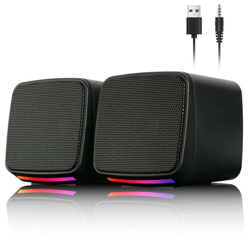 Vicloon PC Speakers, 2.0 Speakers for PC or Laptop, USB-Powered Compact Speaker, 3.5mm Aux input, Colorful RGB Lights, 1 Pair, Black