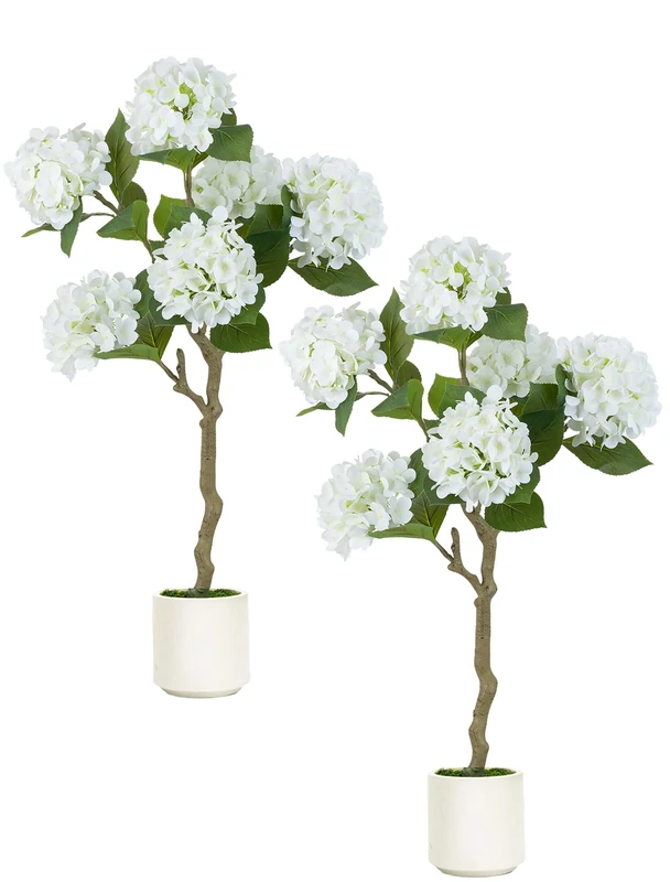 BLOSMON White Hydrangea Fake Tree: 2pc 39 Inch Artificial Silk Plants for Home Living Room Decor Indoor - Real Touch Faux Hydrangeas with Pot for Front Door Porch Patio Entrance Decoration
