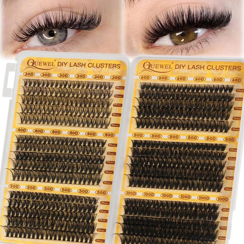 QUEWEL Individual-Eyelashes 580PCS Wispy Cluster lashes D Curl Individual Lashes Natural Look, Eyelash clusters DIY Lash Extensions for Beginners, Easy to Use at Home (30D+40D+50D+60D+80D+100D)