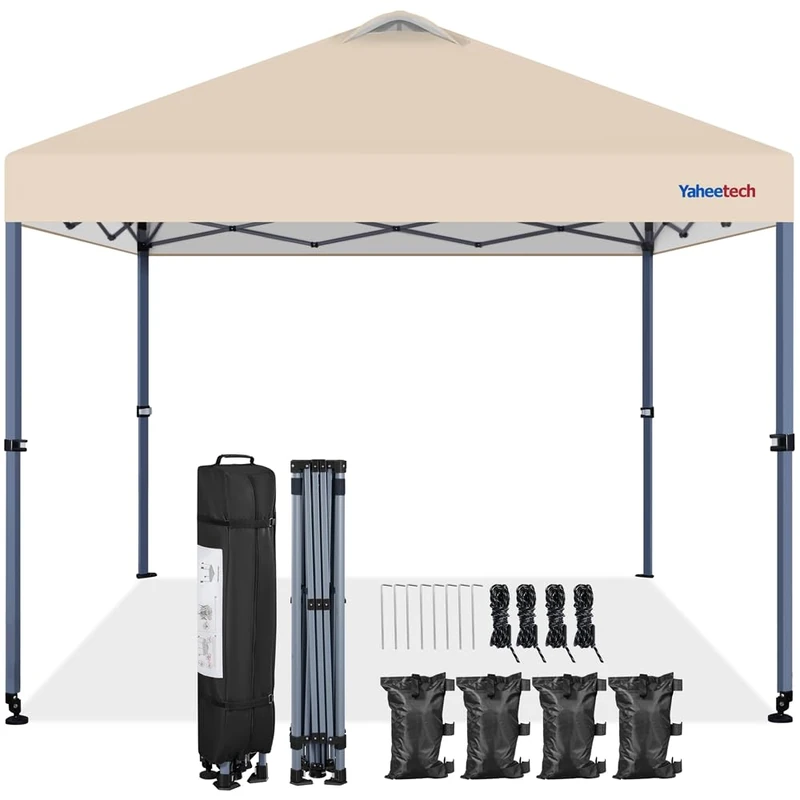 Yaheetech 3x3M Garden Pop-up Gazebo, Commercial Shade Shelter w/ 2 Integrated Wheels for Mobility, Water & UV Resistant Awning Canopy for Outdoor Camping Beach Party, Beige