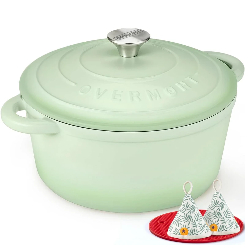 Overmont 26cm/5.2L Enamelled Cast Iron Round Casserole Dish With Lid,5.5QT, Cookbook -Non-stick Dutch Oven for Braising, Stews, Roasting, Bread Baking - Bean green