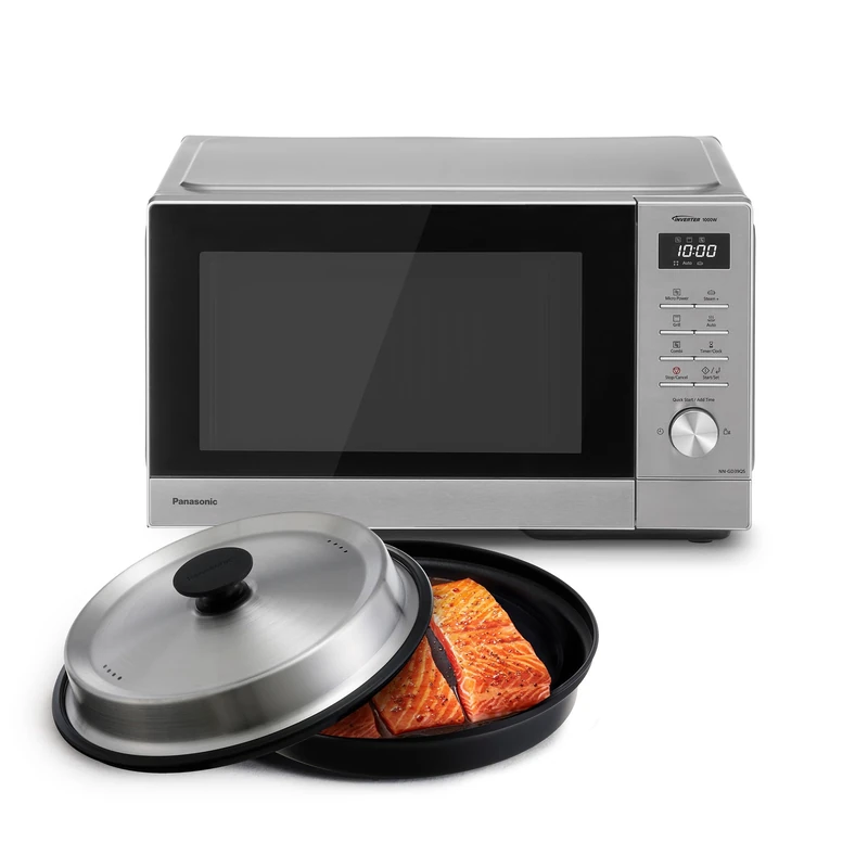 Panasonic NN-GD39QSEPG 29L Stainless Steel Microwave Grill Oven with Steam Dish, 1000W, Auto Defrost, Wheel and Accessories