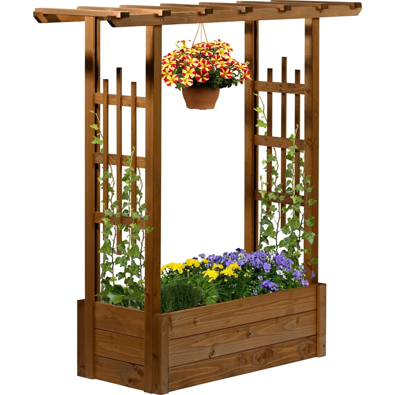 dobar® Pergola Planter with Integrated Trellis | Raised Bed Made of Spruce Wood | Large Flower Box | 117 x 39 x 119 cm | Brown