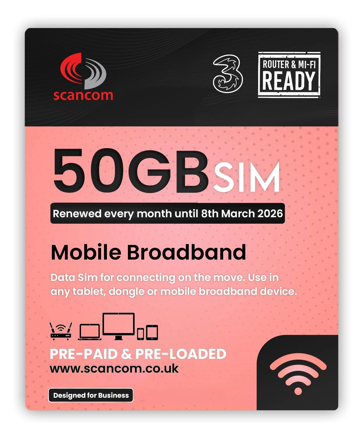 Three 50GB Data SIM - Uncapped 5G - Preloaded MONTHLY Until March 2026 - Plug & Play for Routers & Phones - Access to Three & Vodafone - Connects to the Strongest Signal available