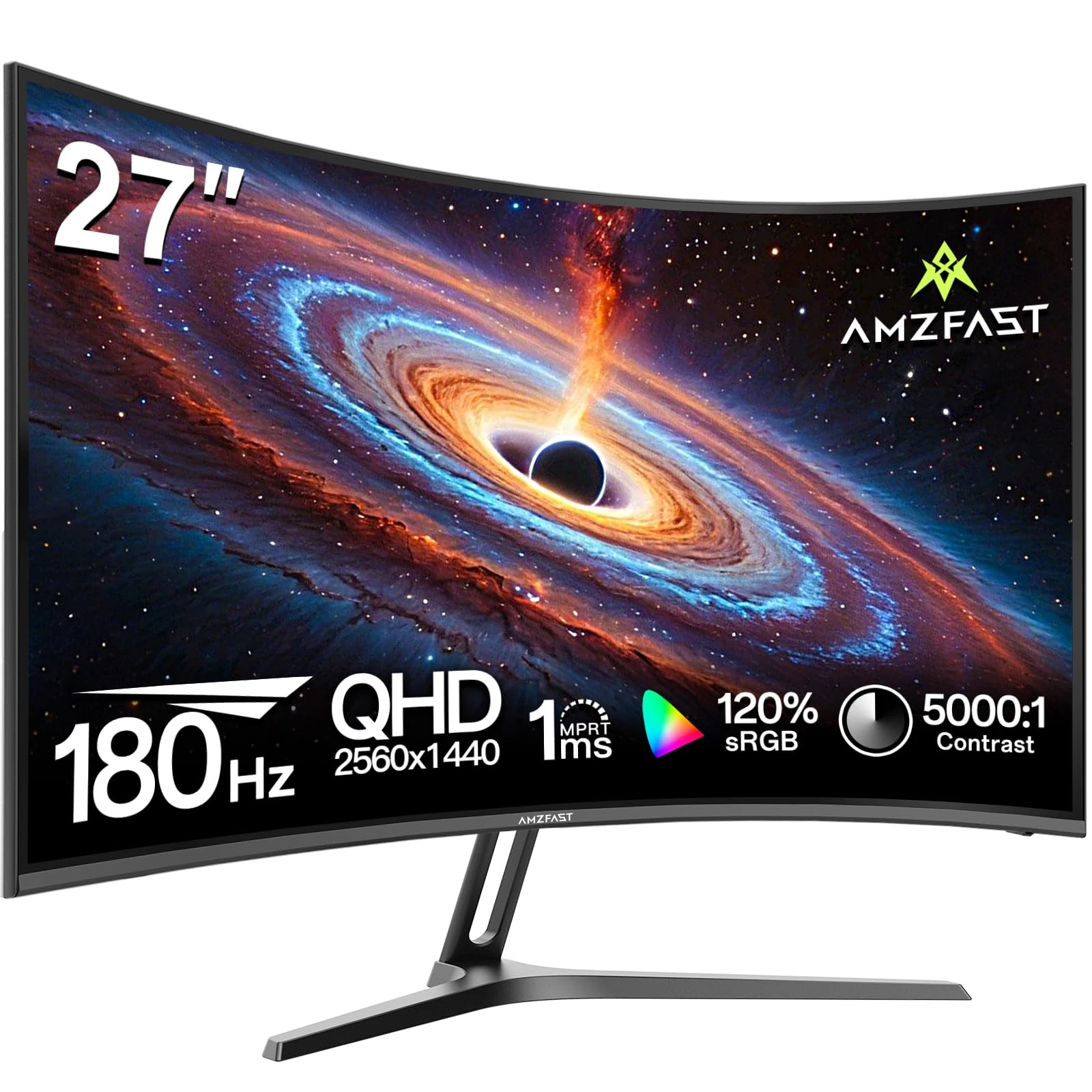 Amzfast 27 Inch Curved Gaming Monitor, 2k QHD (2560 x 1440), 180 Hz Monitor, 1Ms MPRT, 1500R, sRGB 130%, Adpative Sync, HDR, Anti-Flicker, Eyes-Care, VESA 100 x 100, HDMI 2.0*2/DP 1.2*2, AMZG2 7C1Q