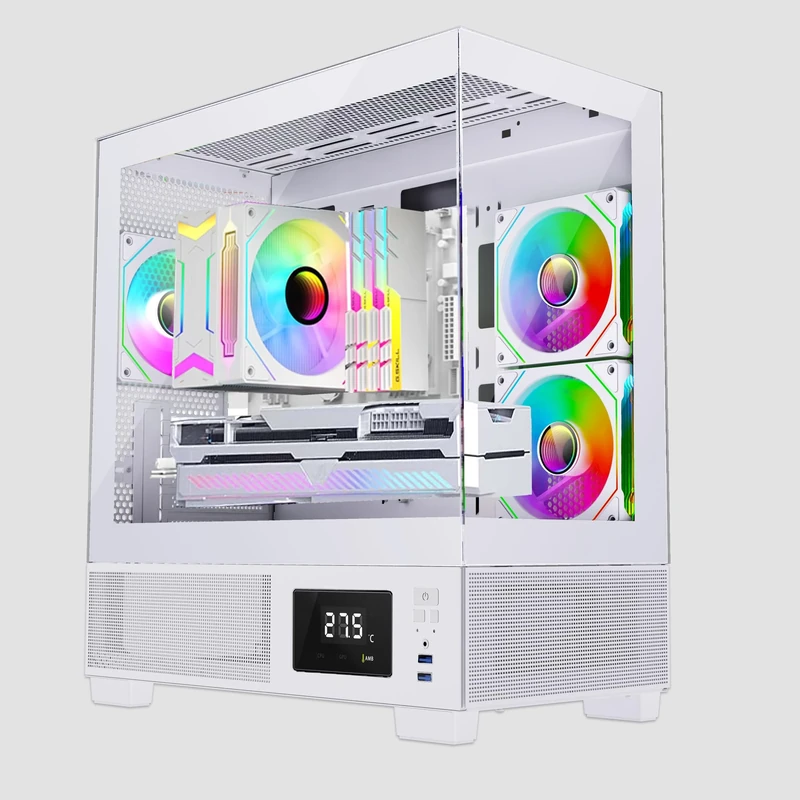 IONZ KZ-V M/ATX PC Gaming case, Tempered Glass, LED Temperature Display, includes 5 x120 mm PWM ARGB Fans - White, Mini Aether