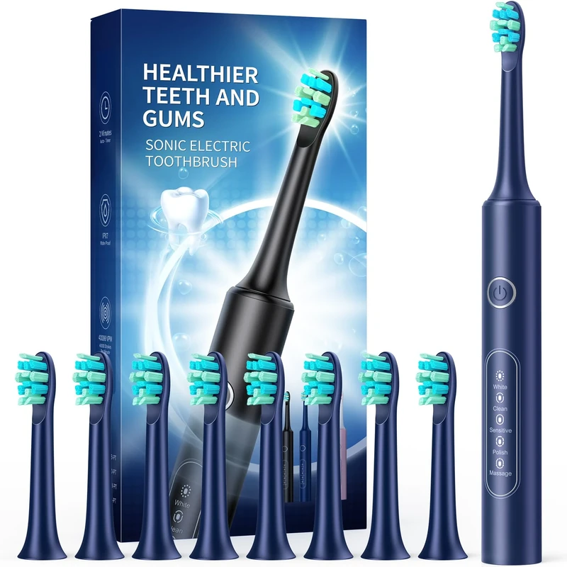 Electric Toothbrushes with 8 Replacement Brush Heads and 5 Brushing Modes,40,000vpm,Electric Toothbrush for Adults and Kids with 60 Days Battery Life,2 Minute Smart Time(Blue)