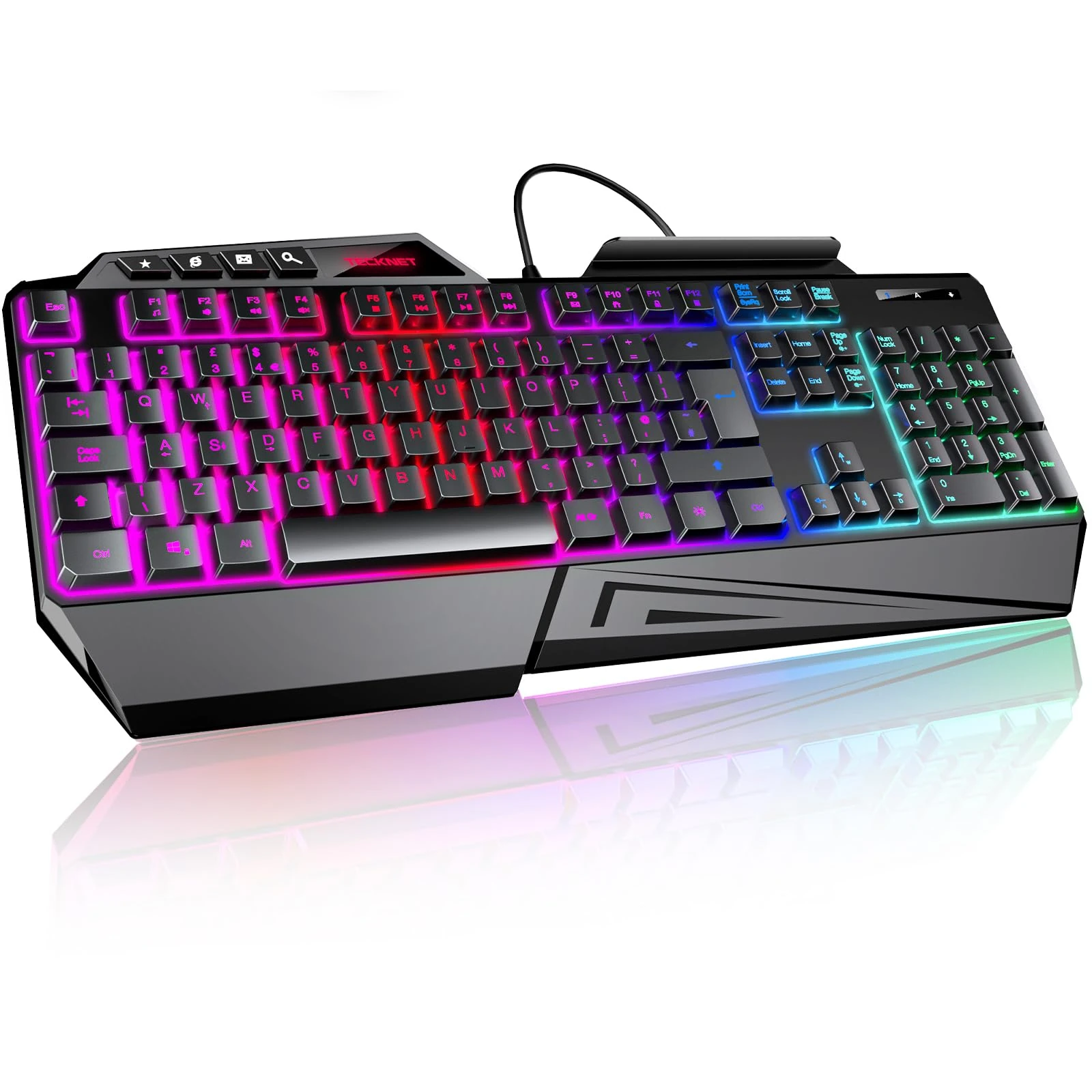 TECKNET Wired Gaming Keyboard, 26-Key Anti-Ghosting RGB Keyboard, Ergonomic Design with Phone Holder & Wrist Rest, Dedicated Shortcut Keys & Spill-Resistant Backlit Keyboards for PC/PS5/Xbox