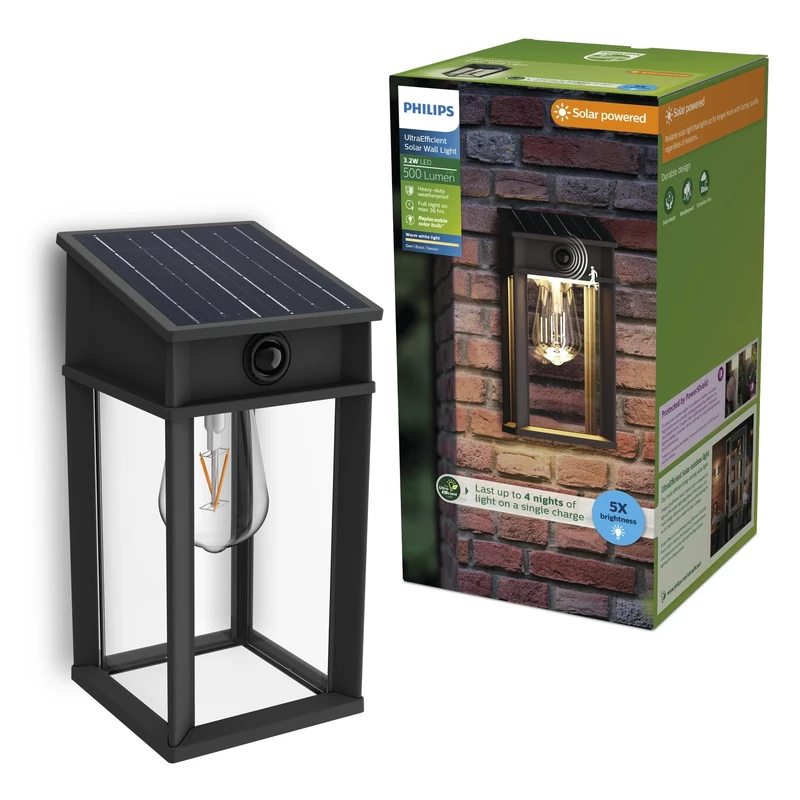 Philips Geri UltraEfficient Outdoor Solar Wall Light, Replaceable Solar Bulb, Motion Sensor, 2700K, Square, Black