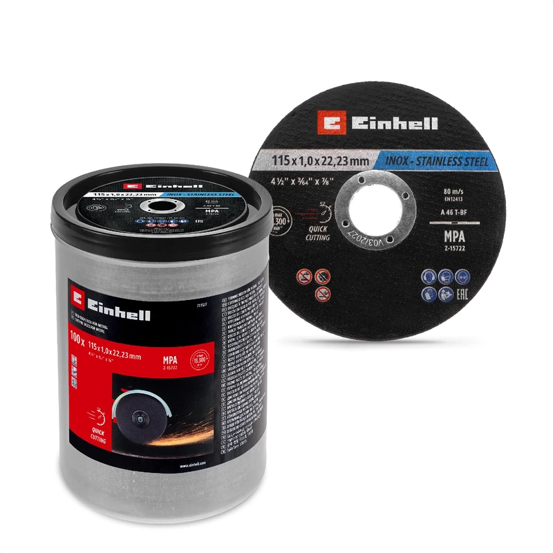 Original Einhell metal cutting discs, 100 pcs, Ø 115 mm in tin (fast cutting, metal processing, easy cutting, MPA-certified, brand-independent)