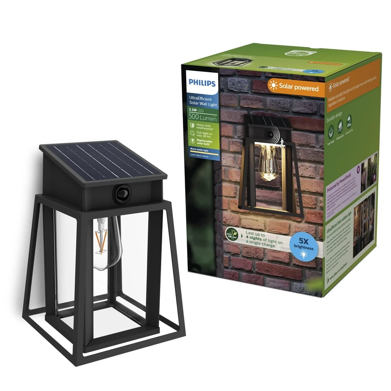 Philips Lysin UltraEfficient Outdoor Solar Wall Light, Replaceable Solar Bulb, Motion Sensor, 2700K, Black