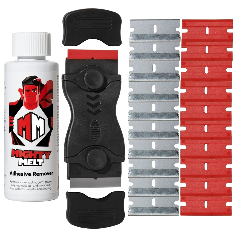 Mighty Melt Adhesive Remover Kit – Includes 125ml Adhesive Remover and Multi-Surface Plastic Scraper Tool - For Cleaning Sticky Residue, Labels, Stickers & Sticky Tape from Windows, Ovens, Hobs & More