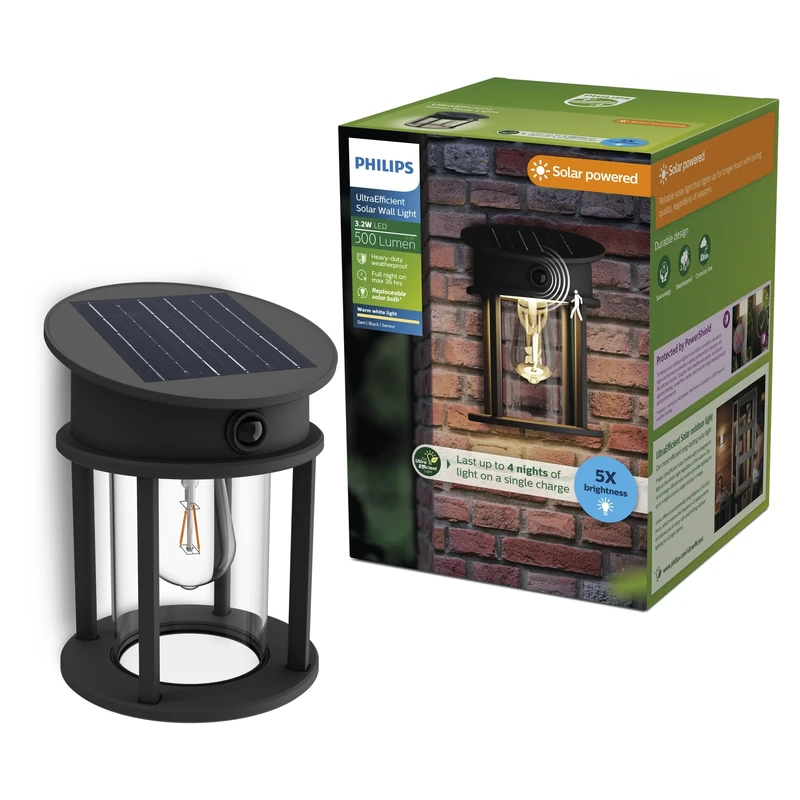 Philips Geri UltraEfficient Outdoor Solar Wall Light, Replaceable Solar Bulb, Motion Sensor, 2700K, Round, Black