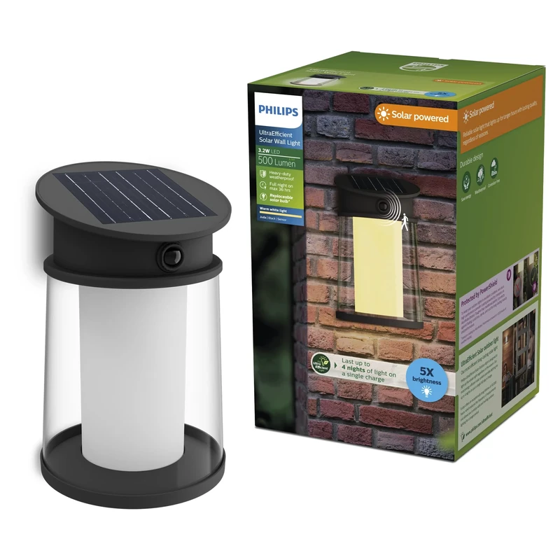 Philips Juda UltraEfficient Outdoor Solar Wall Light, Replaceable Solar Bulb, Motion Sensor, 2700K, Black