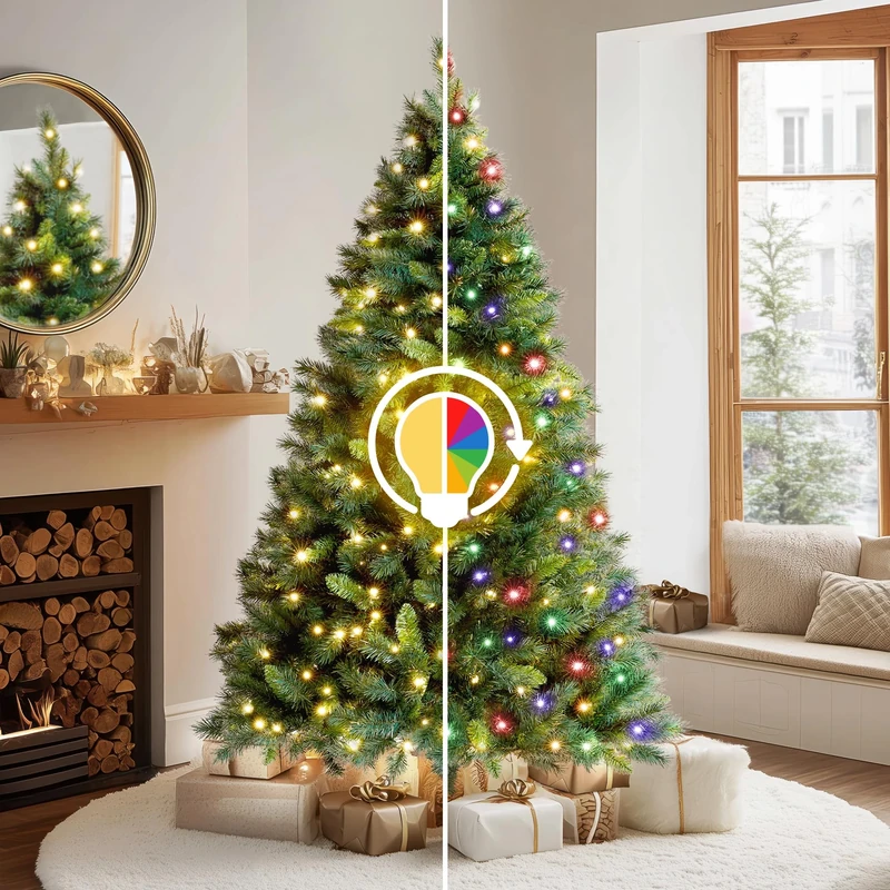VeryMerry 5FT Pre Lit Christmas Tree 2in1 Dual-Color - Warm White/Multi Colour 200 LED Lights with Auto-Off Timer, 9 Lighting Modes and Foldable Metal Stand - Snowhill