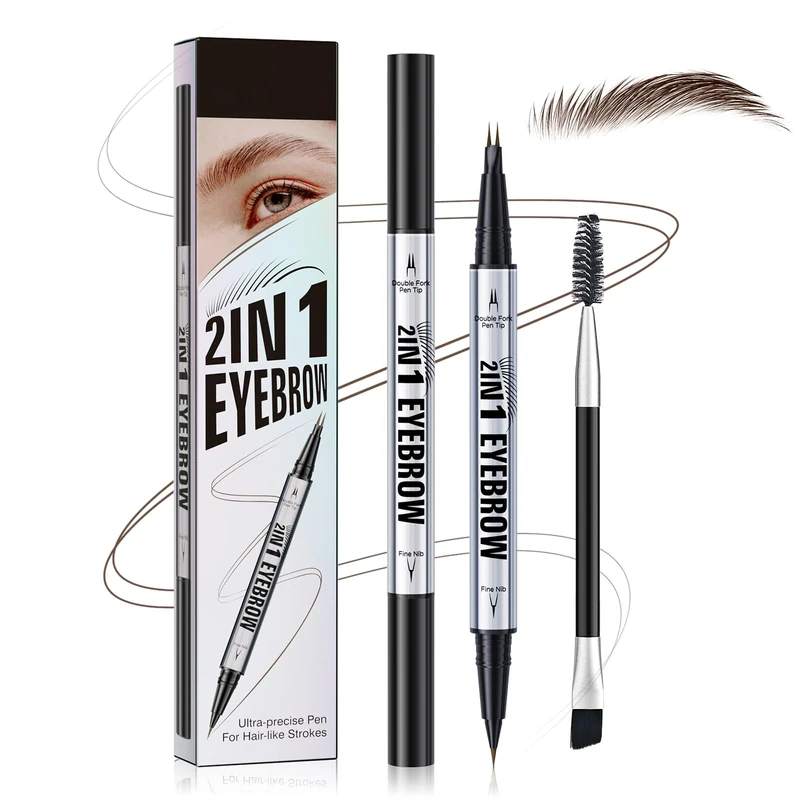 2 in 1 Eyebrow Pencil, Double-headed Brow Ink Eyebrow Pen, Liquid Brow Pencil Long Lasting Women Cosmetics, Eyebrow brush included, Can used be eyeliner (Dark Brown)
