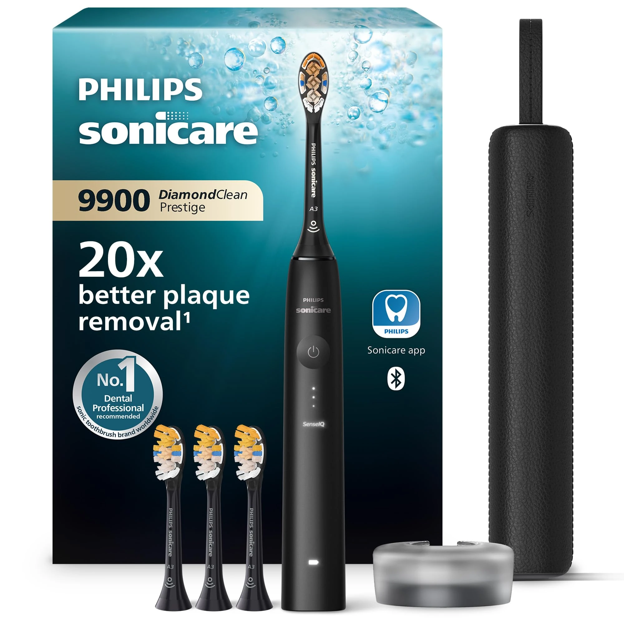 Philips Sonicare DiamondClean 9900 Prestige Electric Toothbrush, with SenseIQ Technology and App, 5 Brushing Modes, 3 Intensity Levels, Charging Travel Case, Black, Model HX9992/43