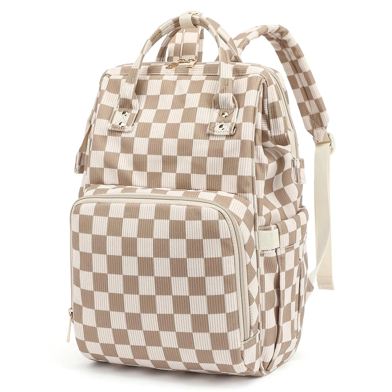 Dezcrab Baby Diaper Bag Backpack for Mom, Large Capacity Travel Nappy Bag for Boys & Girls with Stroller Straps (Corduroy Checkered Brown)