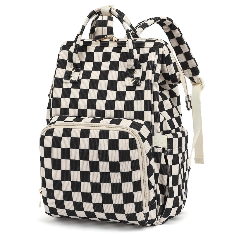 Dezcrab Baby Diaper Bag Backpack for Mom, Large Capacity Travel Nappy Bag for Boys & Girls with Stroller Straps, Corduroy Checkered Black