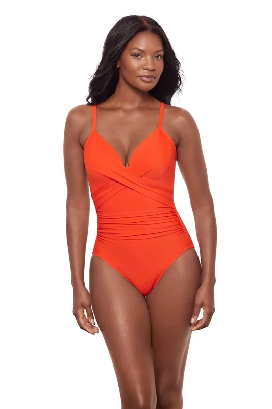 Miraclesuit Women's Swimwear Rock Solid Captivate Tummy Control Underwire Cross Back One Piece Swimsuit, Arancio, 8